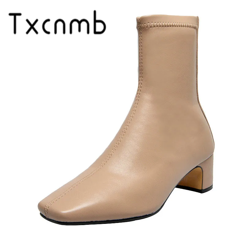 

TXCNMB 2020 Boots Women Ankle Boots Elegant Warm Winter Genuine Leather Ladies Shoes Woman Square Heeled Chelsea Ladies Boots