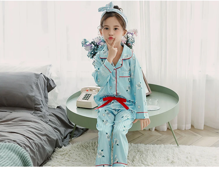 Girls Pajamas Autumn Winter Long Sleeve Children's Sleepwear Set Silk Pajamas Suit Pyjamas Sets for Kids Tracksuit Set