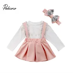 Pudcoco/Новинка 2018 года; модные кружевные топы для маленьких девочек; комплект одежды из 3 предметов с короткими рукавами и блестками на