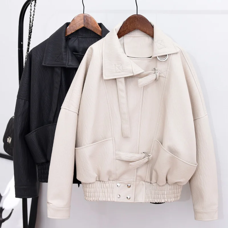 

New Korean Solid Women Pu Leather Jacket Autumn Winter Short Design Loose Fake Leather Coat Streetwear Thick Outerwear DS50805