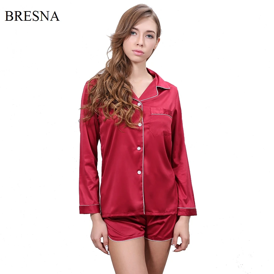 BRESNA Long Sleeve Tops and Shorts Sets Faux Silk Pajama Sets Women