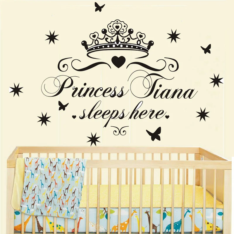Image Custom Name Princess Sleeps Here Nursery Vinyl Wall Art Sticker Crown Wall Decal For Children Girls Room Bedroom Door Decor
