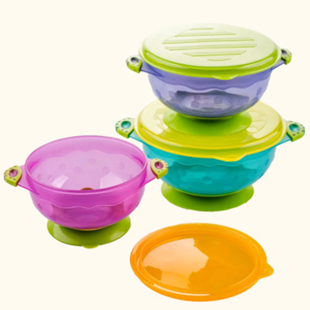 3 Pcs/set Training Baby Bowls Set Antiskid Bowl With Lid Slip Sucker