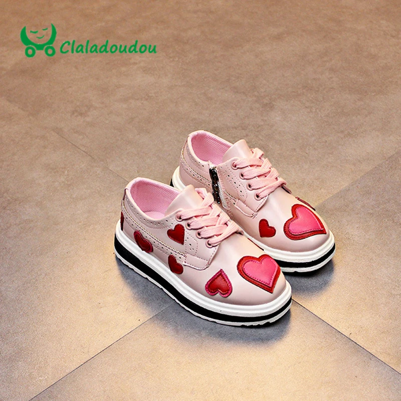 

Claladoudou Gilrs Casual Love Heart Shoe For Children Fashion PU Leather Flatform Shoes Girl Brand White Sneaker Pink Kid Shoes