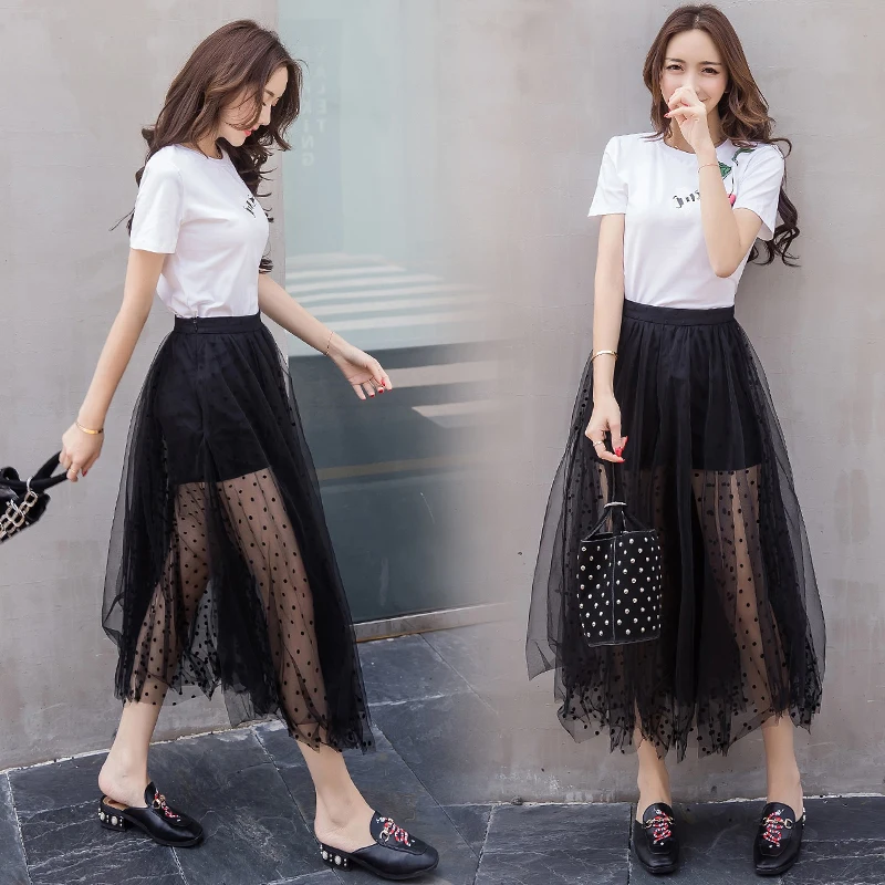 

2019 summer Female Waist Was Thin a Word Gauze tutu skirts long section of elastic lace veil pleated black skirt lace skirts