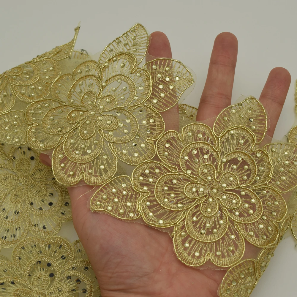 10yards Gold Sewing on Embroidered Rhinestone lace trim Bridal Wedding