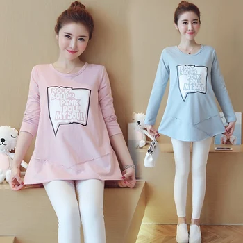 

2019 spring new pregnant women's shirt long long-sleeved T-shirt cotton loose pregnant women bottoming shirt