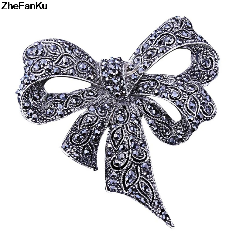 Vintage Rhinestone Bow Brooches for Women Black Bowknot Brooch Pin