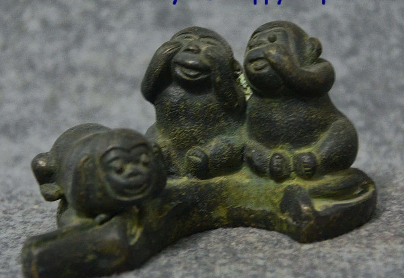 

4" Old Chinese Folk FengShui Bronze 3 Monkey No See No Listen No Look Statue