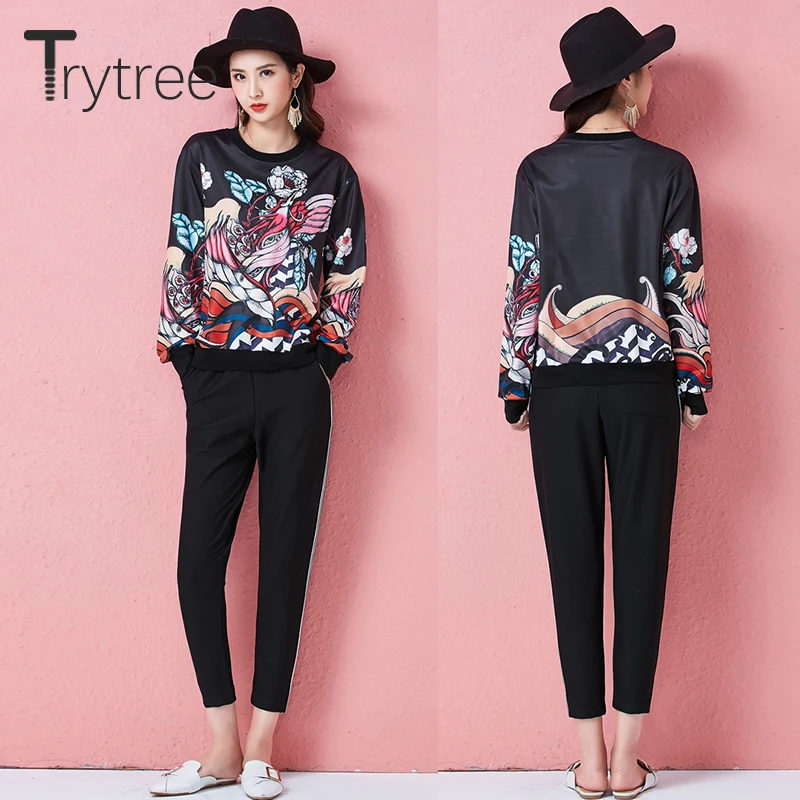 Trytree весна лето женские толстовки уличная печать черный полиэстер o-образным вырезом пуловеры с длинным рукавом Повседневные топы толстовки