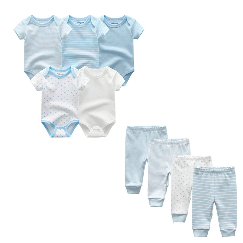 

2019 Summer Unisex Newborn Short Sleeve 5pcs Baby Bodysuits+4pcs Baby Trousers Cotton 3-12M Clothes Set