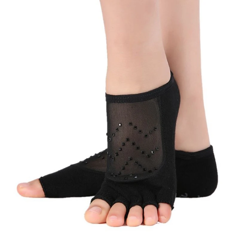 Женские носки для йоги, нескользящие носки для фитнеса, пилатеса, женские хлопковые спортивные носки для танцев, черные носки-Тапочки - Цвет: Toe - Black 1
