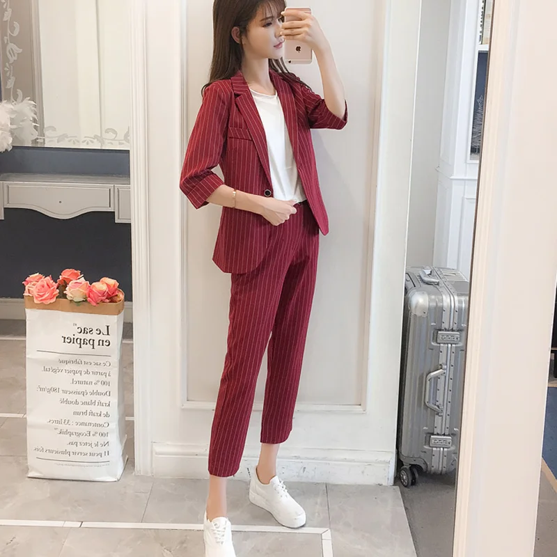 Set female 2018 autumn new elegant fashion striped small suit + casual pants temperament wild casual two-piece women's clothing