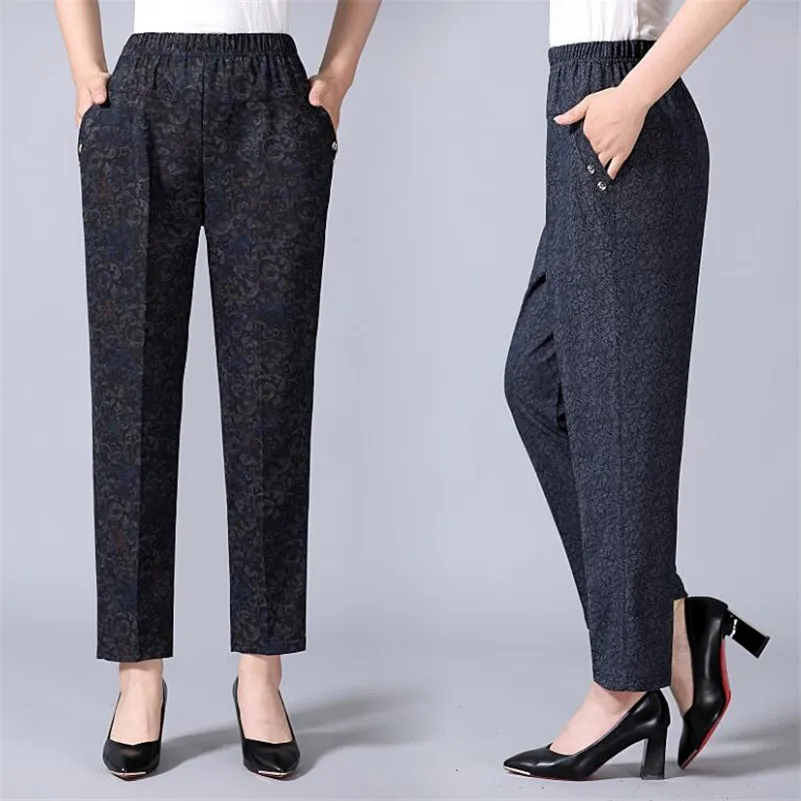 

Middle age Women Pants 2019 Plus Size print spring Summer straight Capris Ankle Length Elastic Waist loose Pants Trousers r1052
