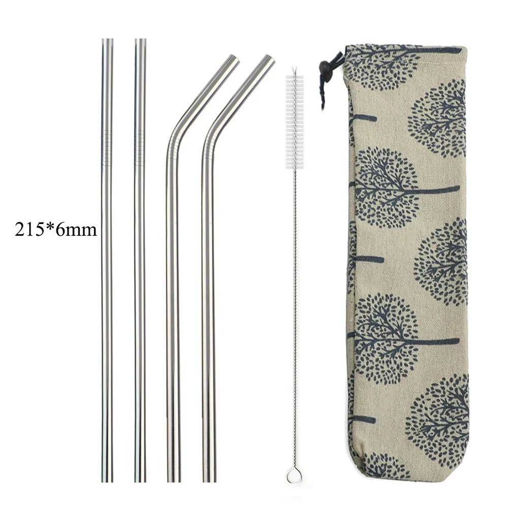 

6-Pcs Silver 304 Stainless Steel Metal Straws 215mm Bent Reusable Drinking Straw Set with Brush Colorful Bag Bar Accessories