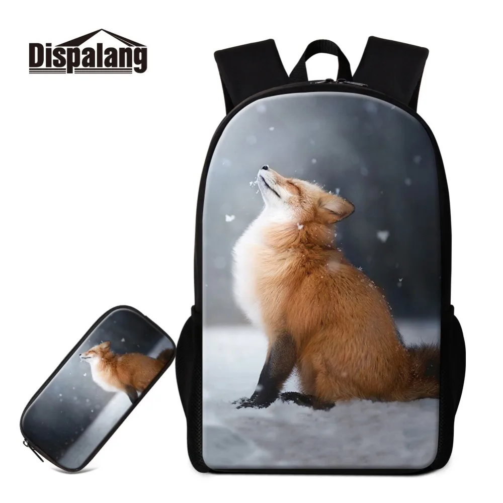 Best Fox Printing School Backpack and Pencil Case Set Teen Girls Shoulder Bookbag Animal Designer Lightweight Rucksack Girls Bagpack