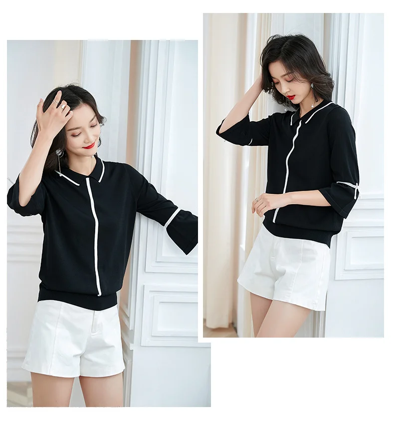 XJXKS New Summer Top Ulzzang Turn-down Collar 7/10 Sleeve Women Tops Casual Women New Thin Linen Knitted T-Shirts