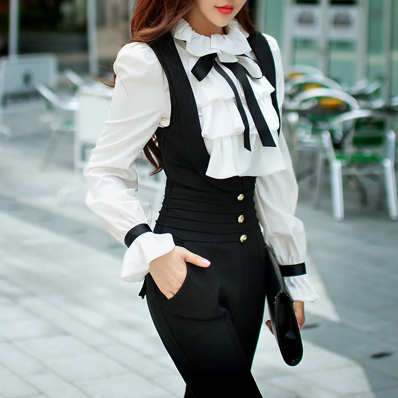 Original 2016 Brand Ladies Vintage Solid Color White Blouse Shirt Women Ruffled Collar Long Sleeve Casual Brand Tops Wholesale