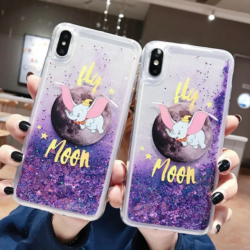 

For iPhone 6 6S 7 8 Plus X XS MAX XR Cartoon Cute Elephant Heart Liquid Quicksand Soft TPU Case Purple Sequins Glitter Cover