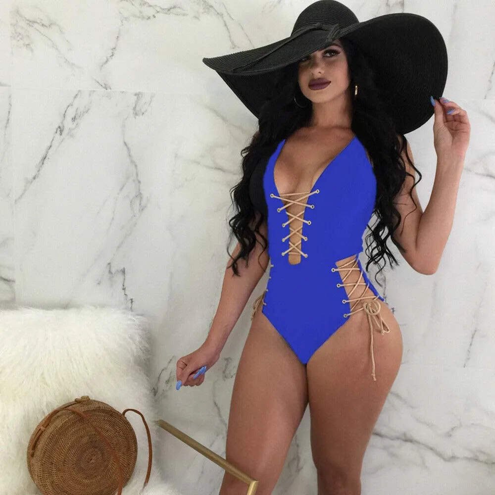 Summer Sexy Bandage One Piece Swimsuits HOT Women Summer Sexy Deep V-Neck Backless Bandage One Piece Swimsuit white lace bodysuit