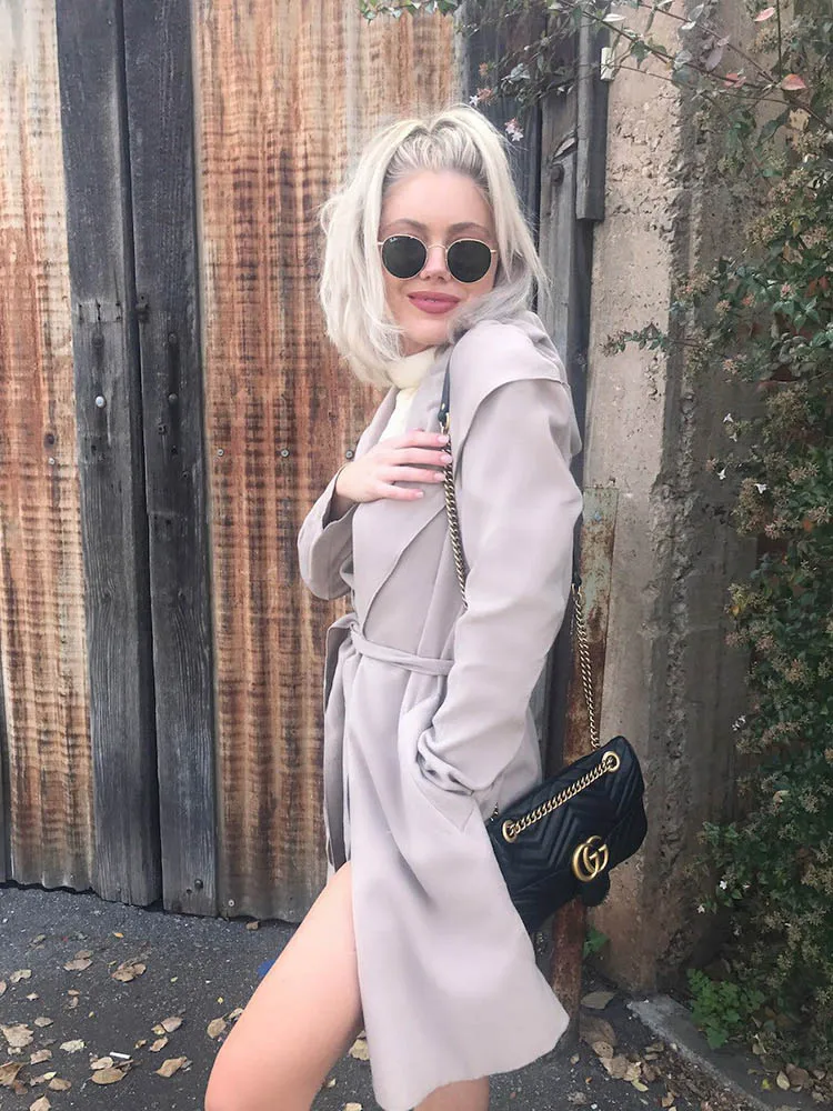 Solid Casual Autumn Trench Coat For Women Plus Size New Elegant Sexy European Fashion Full Trend Polish Slim Turn-down Collar