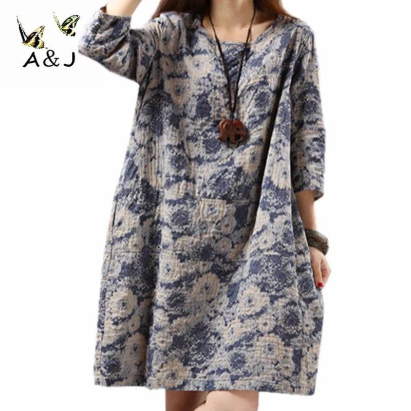 Summer 2015 Women New False Dress Linen Three Quarter sleeve Long Dress ...