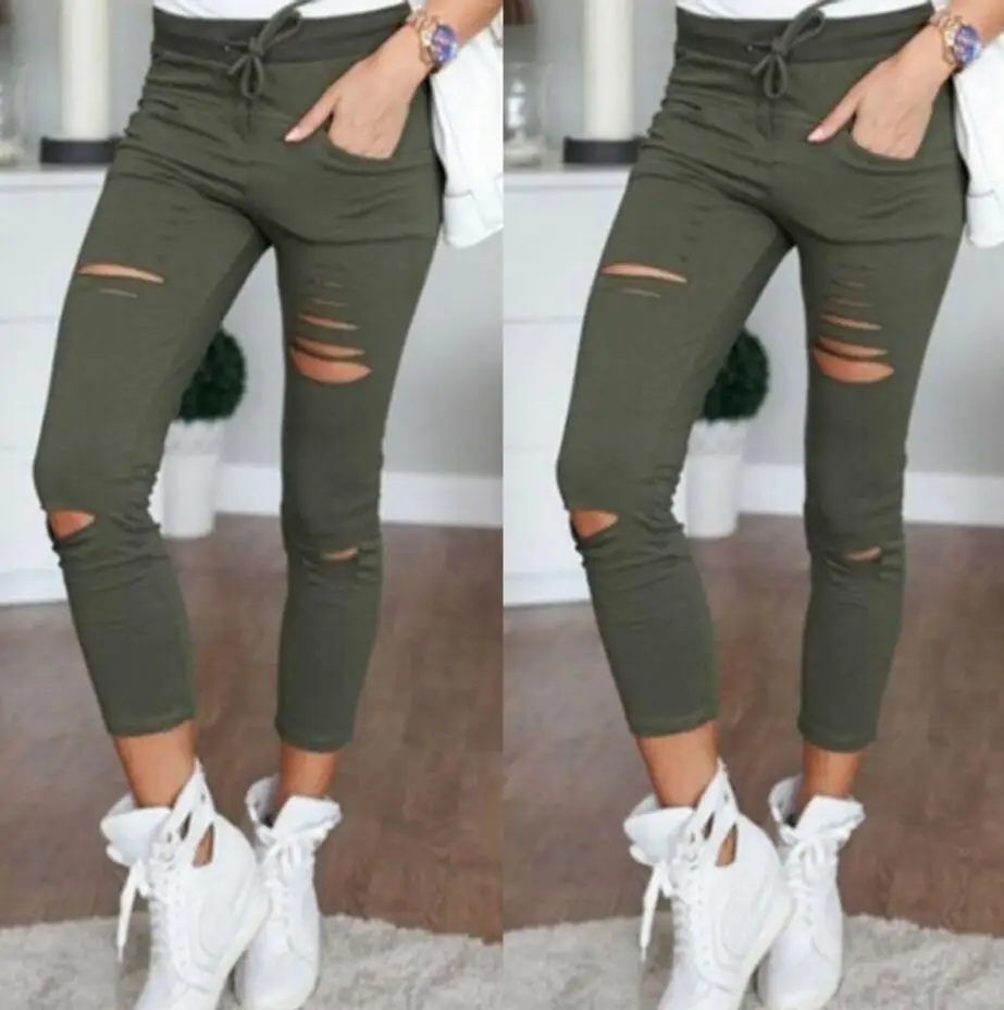 New 2016 Skinny Jeans Women Denim Pants Holes Destroyed Knee Pencil Pants Casual Trousers Black White Stretch Ripped Jeans Jeans
