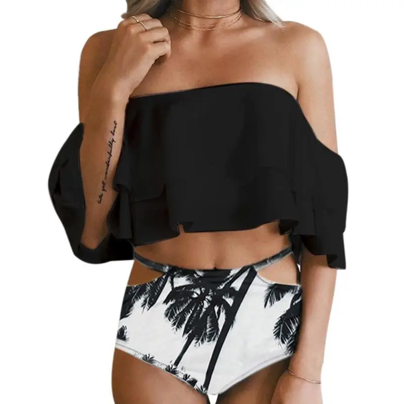 

Bikini Set Off Shoulder Double deck flouncing Swimsuit Push Up Bathing Suit sexy Women High Waist Swimwear Swimming Suits 2018