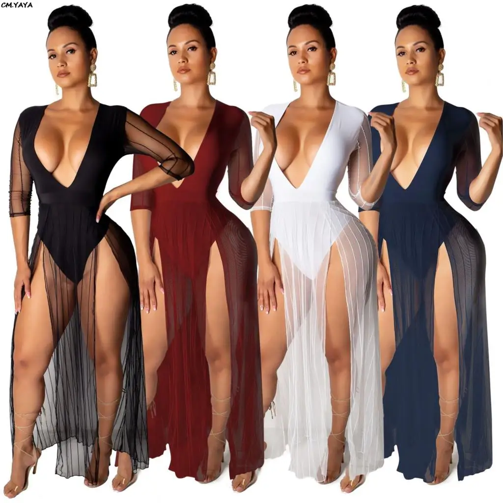 

2019 new women summer deep v-neck mesh patchwork high split sexy romper long dress party club night dresses vestidos GLZSC0212