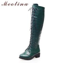 Meotina las mujeres botas moto del dedo del pie redondo de tacón grueso Zapatos tipo bota de montar mujer encaje hasta la rodilla botas de negro verde tamaño 34-39