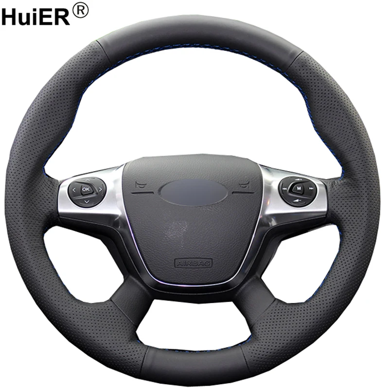 

HuiER Hand Sew Car Steering Wheel Cover Microfiber For Ford Focus 3 2012-2014 Ford KUGA Escape 2013-2015 2016 C-MAX 2011-2014