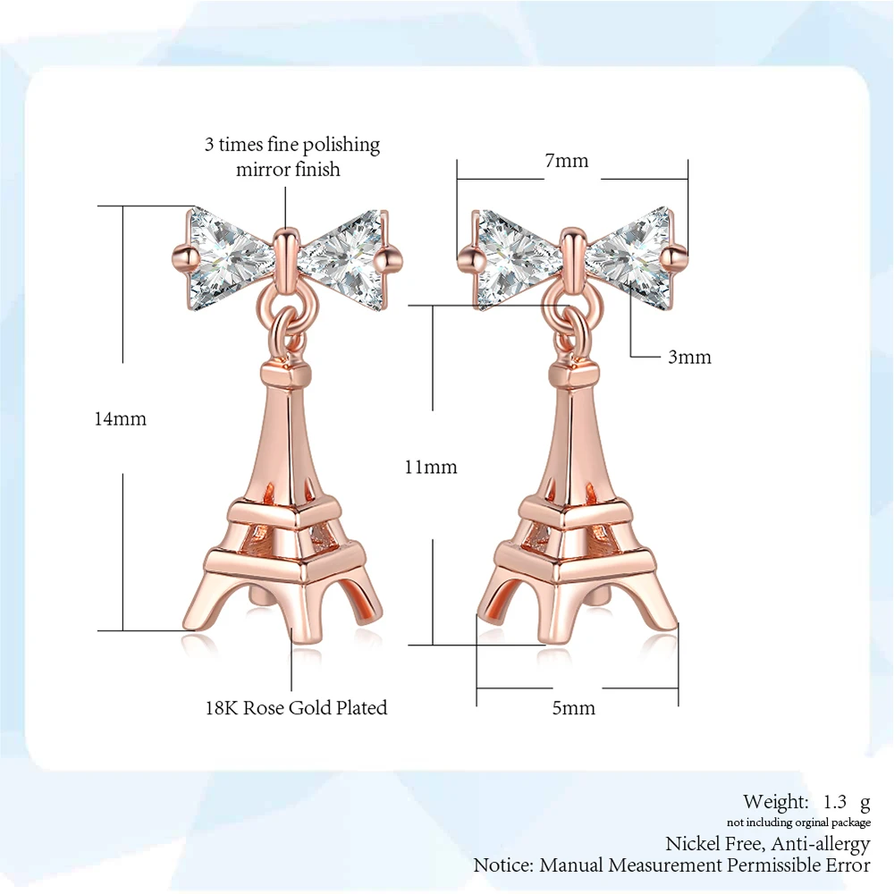 Модные женские вечерние серьги-капельки с Эйфелевой башней цвета розового золота, подарок, ювелирные изделия с бантом, циркониевые серьги DZE003M
