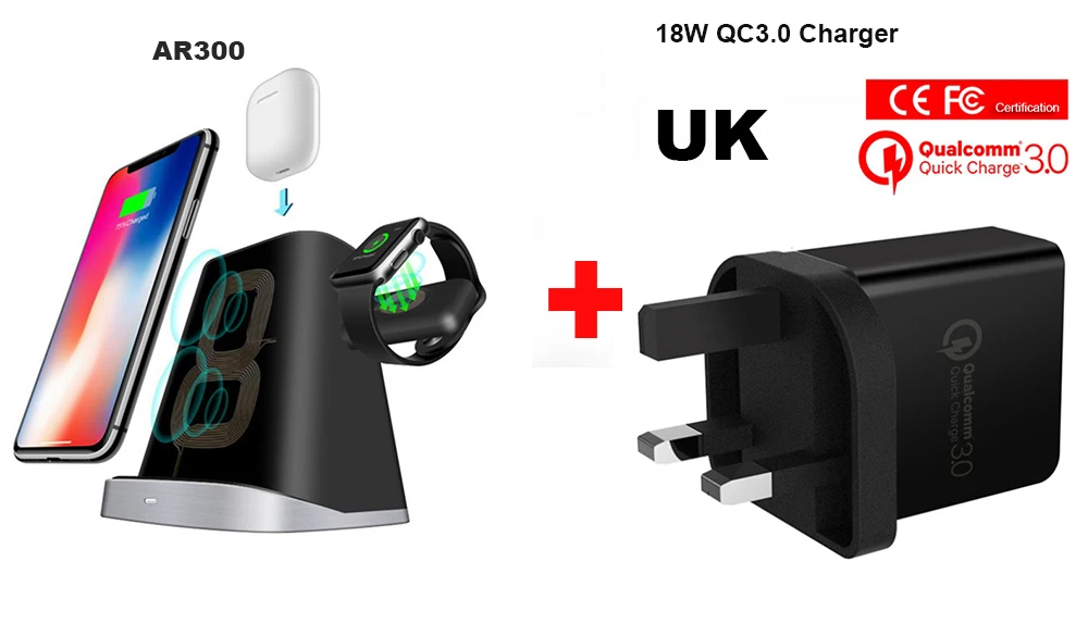 Беспроводное зарядное устройство док-станция держатель для iPhone 11 Pro Max для Apple Watch iWatch 1 2 3 4 Airpods Беспроводное зарядное устройство - Тип штекера: ADD QC3.0 charger UK