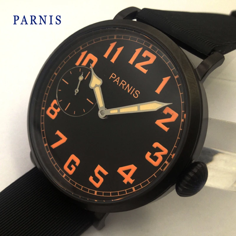 Fashion 46mm Parnis Black PVD Case Orange Numbers Hand Winding Men s Wristwatch Black Watch band