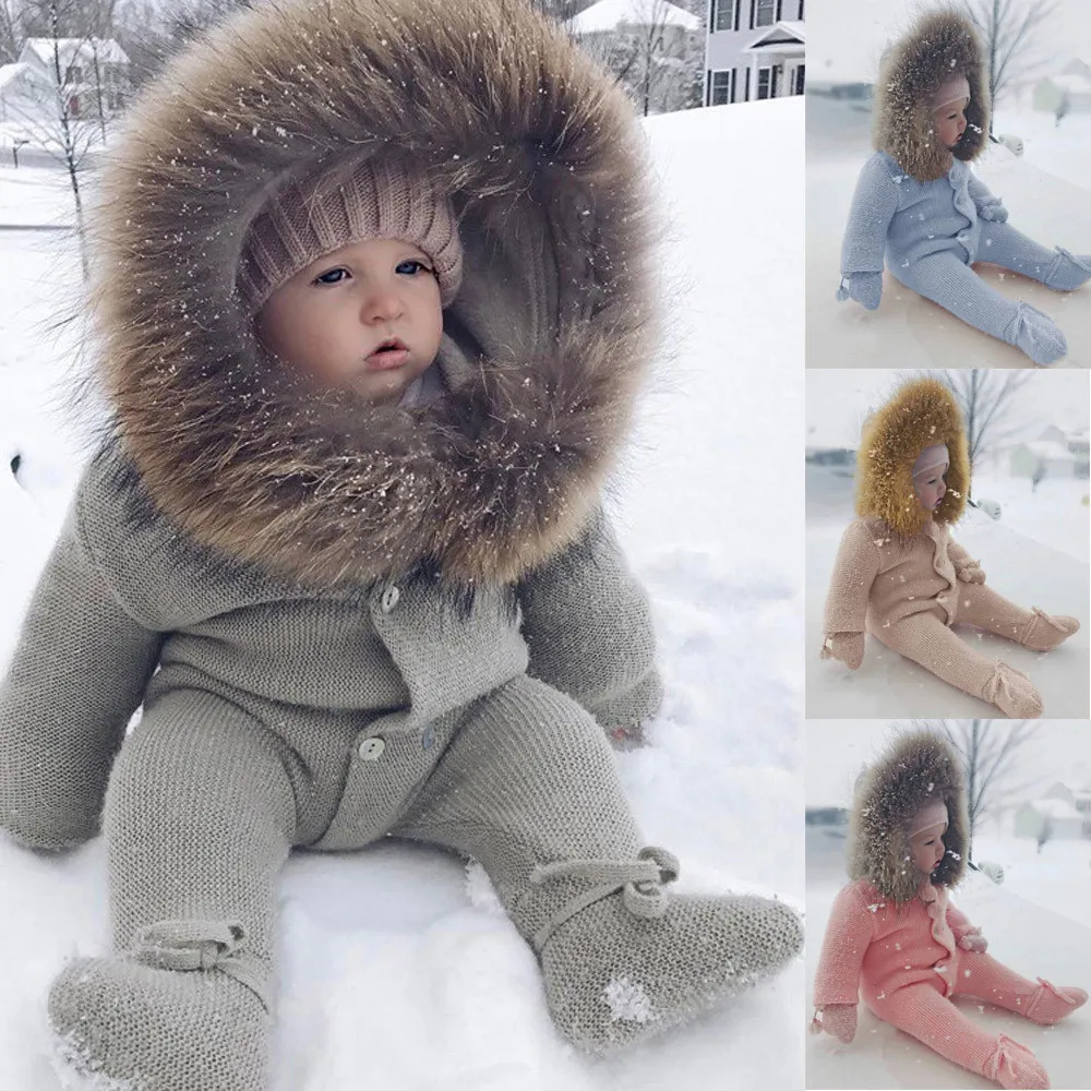 

Winter Infant Cloth Baby Boy Girl Clothes Hooded Romper Jumpsuit Knit Warm Outerwear Clothes Children's Set Clothing Costumes