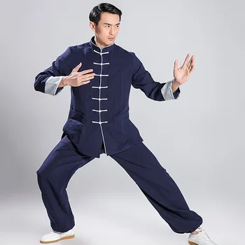 

2020 New Solid Linen Tai Chi Shirt&pant Chinese Vintage Mandarin Collar Tang Suit Plus Size Loose Wing Chun Kung Fu Set XS-3XL