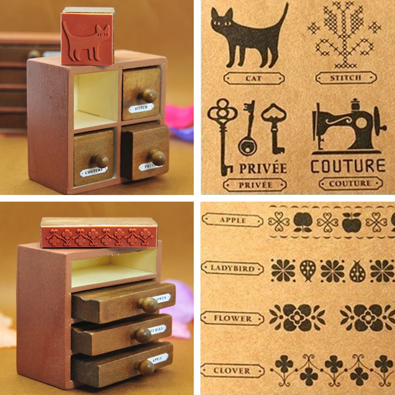 

4pcs per Wood Box Stamp Set Rectangular Square Drawer Stamp Floral Cat Key Wood Stamp Set for DIY Scrapbooking