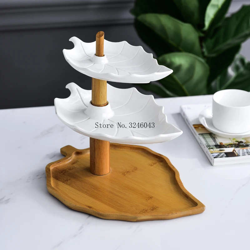 

Nordic ceramic fruit plate three-layer platter with wooden frame rotatable cake snack plate exquisite table decoration