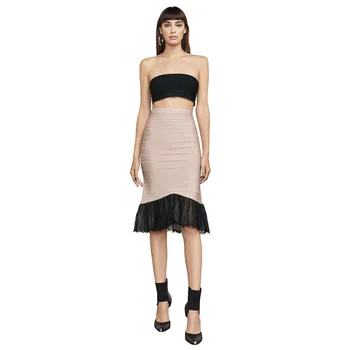 

2018 New Style Slim Two 2 Piece Dress Sexy Strapless Black Small Top Beige Lace Bodycon Elegant Celebrity Party Dresses Vestidos