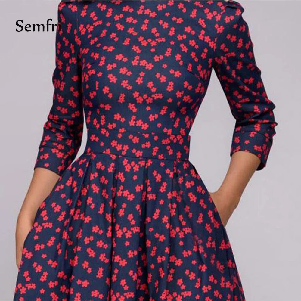 Semfri Для женщин платье с цветочным рисунком с длинными рукавами с принтом Элегантный О-образным вырезом Повседневное линии платья партии ретро небольшой floral Maxi Shirt dress