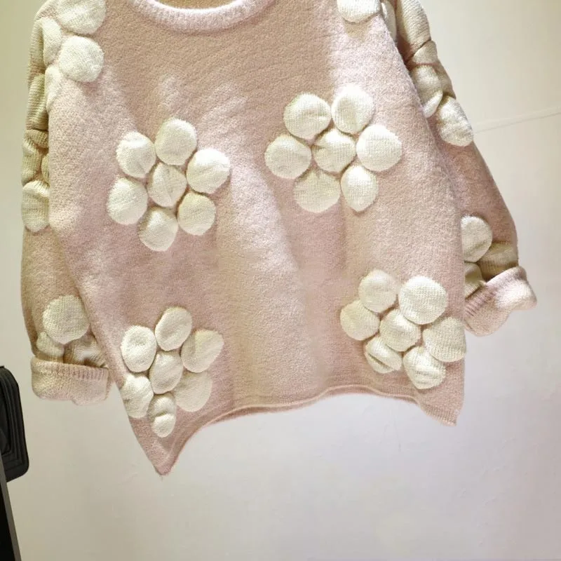 Осень-зима, Корейская рубашка с длинным рукавом, цветочный вязаный джемпер с круглым вырезом, милый пуловер, повседневный модный свободный свитер, топ 61967