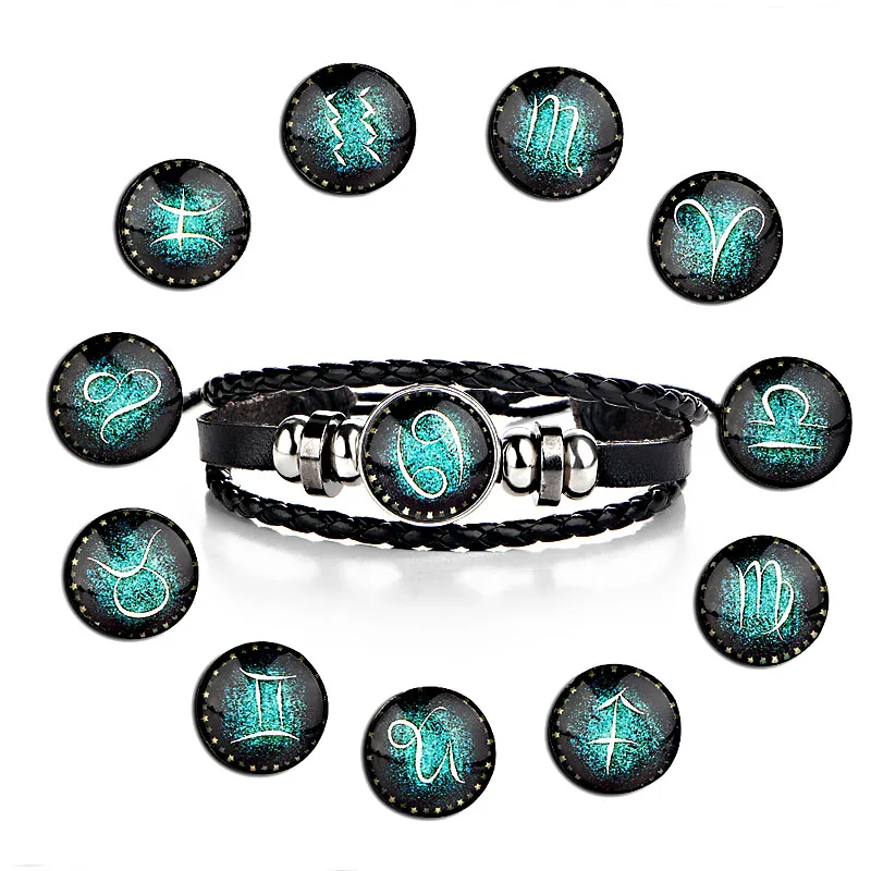 

Fashion 12 Constellations Black Leather Bracelets For Men Boys Jewelry Bangle Bracelets Travel Accessories