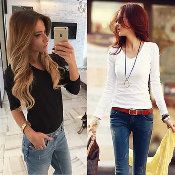 

Sexy Women V-Neck Long Sleeve Top Ladies Early Autumn Brief Tee Black M