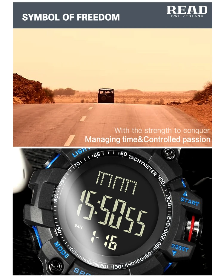 Наручные часы READ Band 90002, мужские спортивные, военные кварцевые часы, круглые, двойная цифровая шкала, аналоговый секундомер, Relogio militan