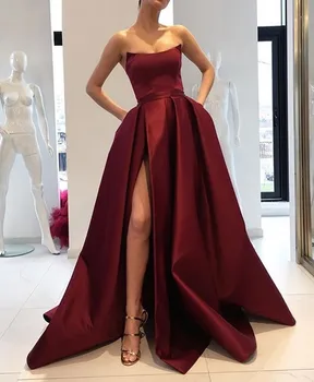 

Burgundy Muslim Evening Dresses 2019 A-line Slit Sexy Elegant Islamic Dubai Saudi Arabic Long Formal Evening Gown Prom Dress