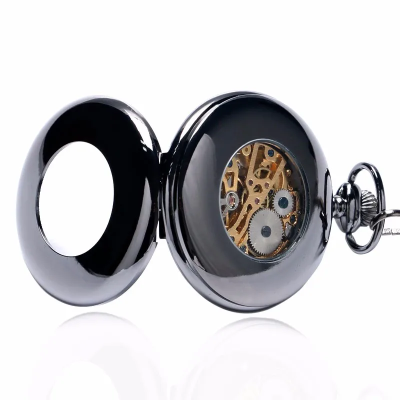 2016 Мода Стиль Полые черный гладкий Чехол с белый циферблат с римскими цифрами механические стимпанк кармашек для часов Часы