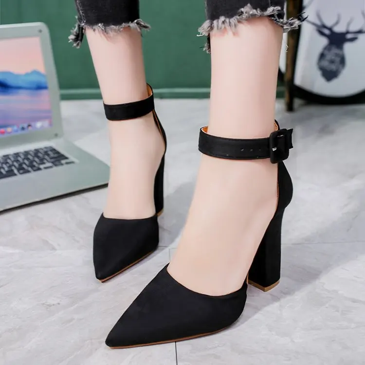 

Woman High Heels Fashion Buckle Strap Female Pumps 2019 Flock Plus Size Ladies Party Wedding Shoes Elegant Spring Shoes