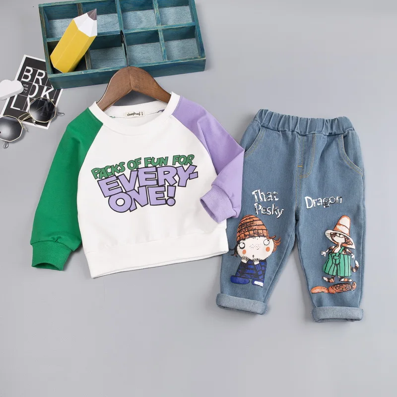 Коллекция года, осенняя одежда для малышей, футболка с круглым вырезом для мальчиков и девочек, джинсовый костюм детский брендовый костюм детский хлопковый комплект одежды с рукавами в стиле пэчворк