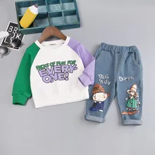 Коллекция года, осенняя одежда для малышей, футболка с круглым вырезом для мальчиков и девочек, джинсовый костюм детский брендовый костюм детский хлопковый комплект одежды с рукавами в стиле пэчворк