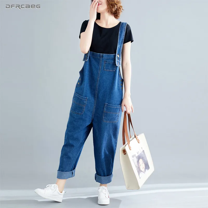 

Big Size Loose Denim Rompers Womens Jumpsuit 2019 Summer Casual Streetwear Suspender Jeans Pants Overalls Female Gray Blue